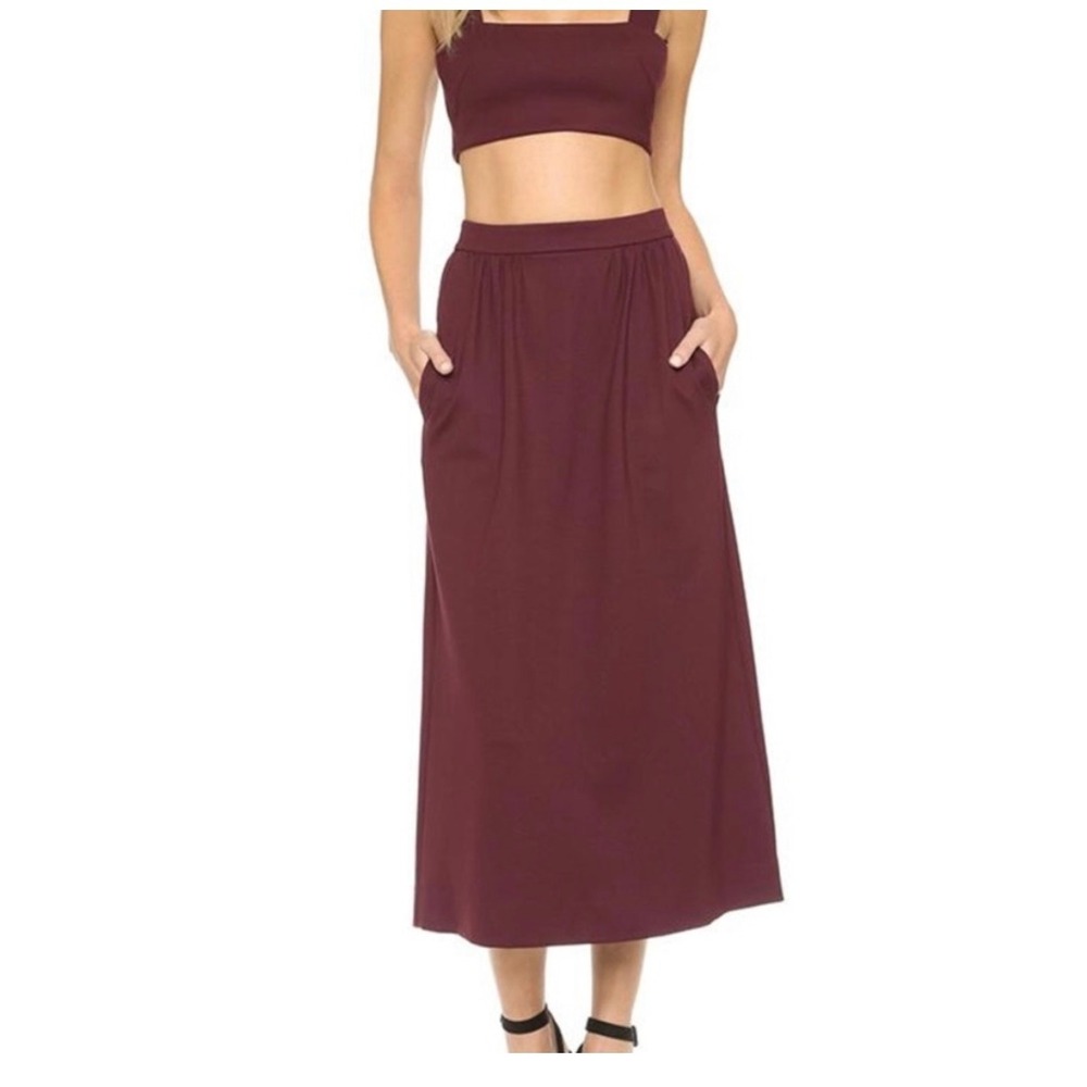 Torn by Ronny Kobo Glory Bordeaux Midi Skirt Large Red Pockets Holiday Office